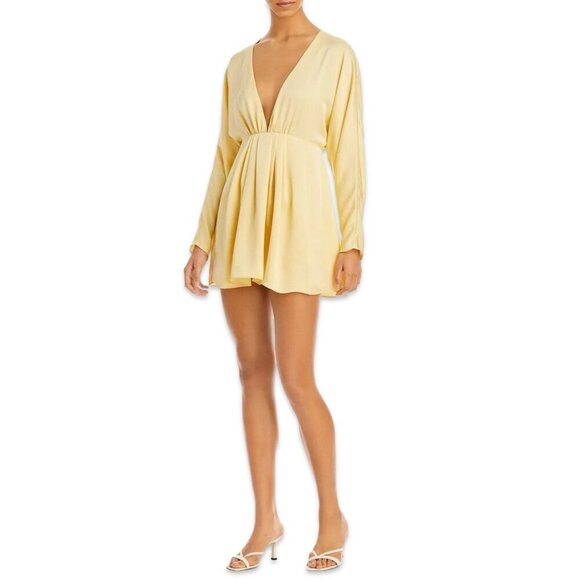 NWT Ramy Brook Tanya V-Neck‎ Satin Long Sleeve Mini Dress Daffodil Yellow Size 2 - Picture 12 of 13